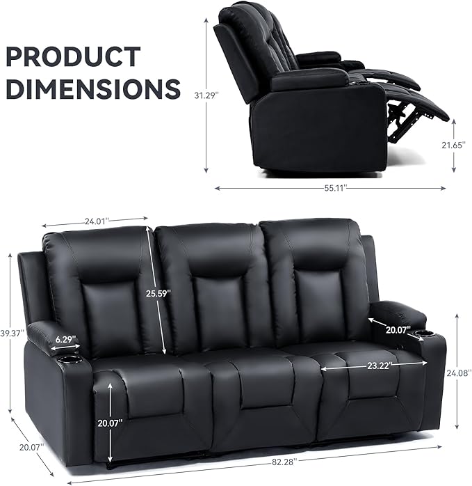 COMHOMA Living Room Furniture Set,Bonded Leather Sofa with Massage,Cup Holder Recliner Chair,3+2+1,Black