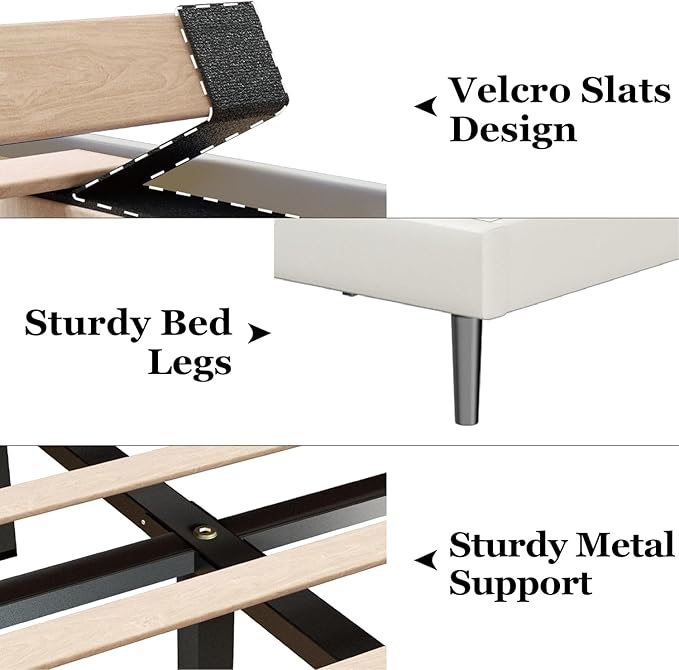 Full Size Bed Frame with Velvet Upholstered Headboard, Platform Bed with Strong Wood Slats, Mattress Foundation, Box Spring Optional, Easy Assembly, Beige