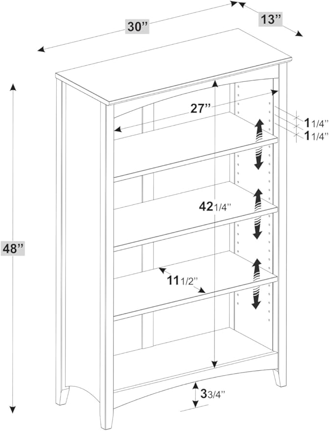 Camaflexi Shaker Style 4 Shelf Bookcase / Solid Wood / 48 inch High / Adjustable Shelving / Closed Back / Display Bookshelf for Living Room, Bedroom, Home and Office, White