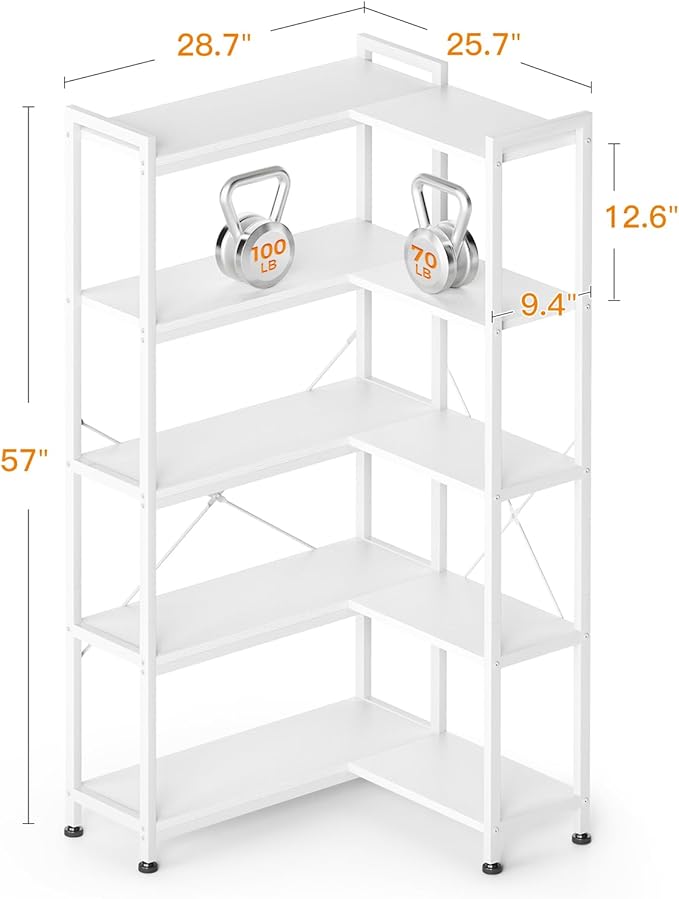 Casaottima Corner Bookshelf 5 Tier, 57 Inches Reversible Book Shelf for Living Room, Industrial Wooden Bookcase with Open Shelves and Metal Frame for Bedroom, Home Office, Kitchen, White