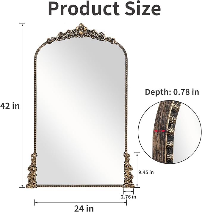 Vintage Arched Mirror, 24"x 42"Antique Baroque Mirror Style Metal Beaded Frame for Entryway Hallway Living Room,Vintage Black