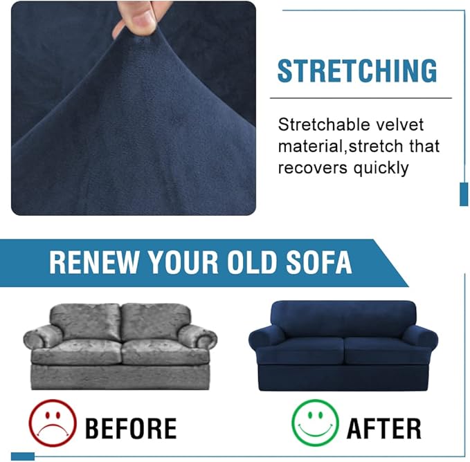 H.VERSAILTEX Sofa Cover 3 Piece T Cushion Sofa Slipcovers Thick Velvet Couch Cover Furniture Protector Stretch T Cushion Sofa Covers for 2 Cushion Couch with 2 Individual T Cushion Covers, Navy