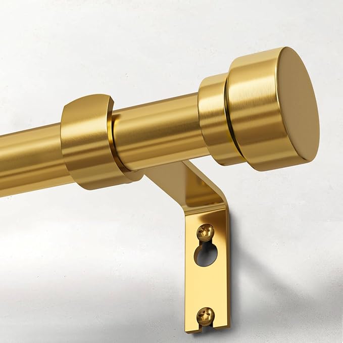Modern Gold Curtain Rods for Windows 16 to 60 Inches Adjustable Length Heavy Duty 1" Diameter Brass Window Curtain Rod with Solid Metal Finials for Outdoor Farmhouse Bedroom Kitchen Living Room