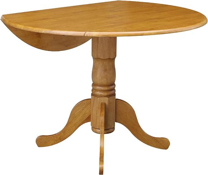 IC International Concepts, 42" Round Dual Drop Leaf Pedestal Dining Table, Solid Real Wood, Sturdy Parawood, Dimensions 42"D x 42"W x 29.5"H, 20mm thickness, 40lbs Weight Capacity, Oak