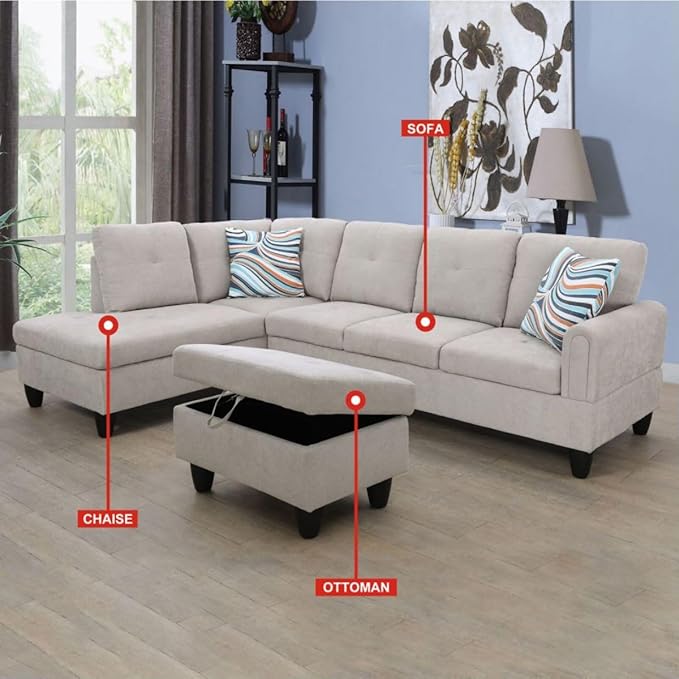 Grey White L-Shaped 3-Piece Flannel Sofa with Storage Ottoman Set, Sectional Couch Sofa Set for Living Room, Office, Small Space