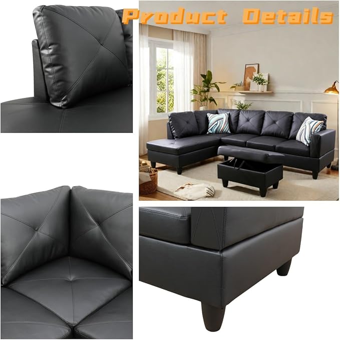 L Shaped Sectional Couch with Otttoman, 97" Leather Sectional Sofa for Living Room Modular Couches with Cup Holders for Bedroom, Apartments, Black