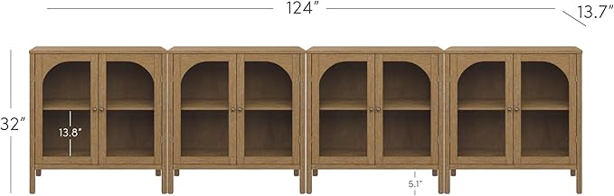 Nathan James Mason TV Stand, Free Standing Accent Sideboard Buffet, Credenza with Glass Doors and Adjustable Shelf in Brushed Light Brown Wood for Dining Room, Entryway and Living Room, Set of 4