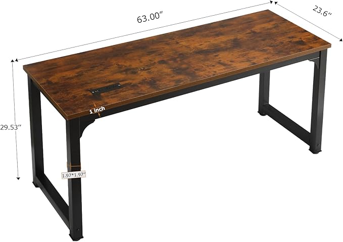 Large Computer Desk - 63 Inch Home Office Desks Study Student Writing Table Gaming Desk Wood Modern Simple Table with USB Ports, Rustic Brown