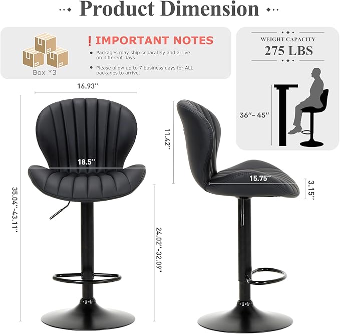 COLAMY Bar Stools Set of 3, Modern Swivel Bar Chairs, Adjustable Faux Leather Upholstered Barstools Counter Height with High Backrest for Bar, Kitchen Island, Dining Room, Black