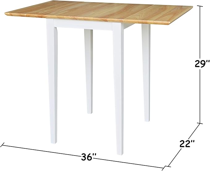 IC International Concepts, Solid Wood Small Drop Leaf Dining Table, Solid Real Wood, Sturdy Parawood, White/Natural