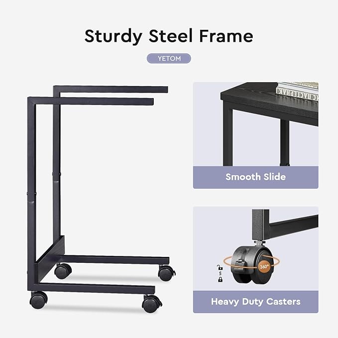 Side Table,C Table with 2-Tier Storage Shelf, End Table with Metal Frame, Sofa Table with Wheels for Living Room, Bedroom, Office, Bathroom, Easy Assembly, Black