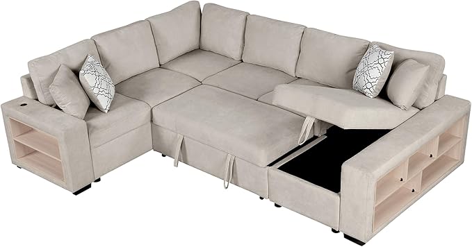 109" U-shaped Sectional Pull-out Sofa Bed with Storage Chaise,2-in-1 Convertible Couch W/ 4 Back Pillow & 2 USB Ports,Luxurious Sleeper Furniture Set for Living Room Large Space,Beige Chenille