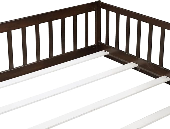 Queen Size Floor Bed Frame with Slats and Safety Guardrail, Wood Queen Size Montessori Floor Bed with Door and Fence, Easy Assemble Montessori Beds for Kids, Girls, Boys, Espresso