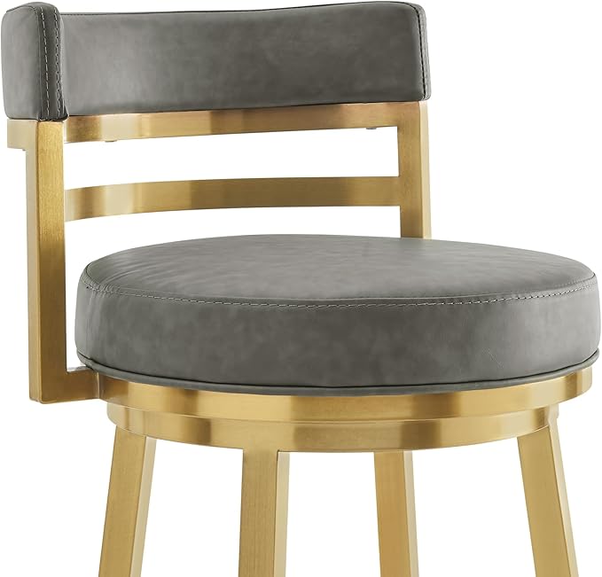 Armen Living Madrid 30" Seat Height Swivel Modern Vintage Gray Faux Leather and Gold Brushed Stainless Steel Bar Stool for Kitchen Island Counter