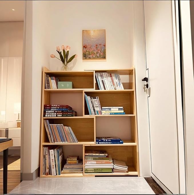 Wooden Extendable Bookcase,Open Low Bookshelf, 4-Shelf Storage Unit, Freestanding Bookcase for Small Spaces or Corners, Stylish Shelves for Living Room and Office (Wood Color, L)