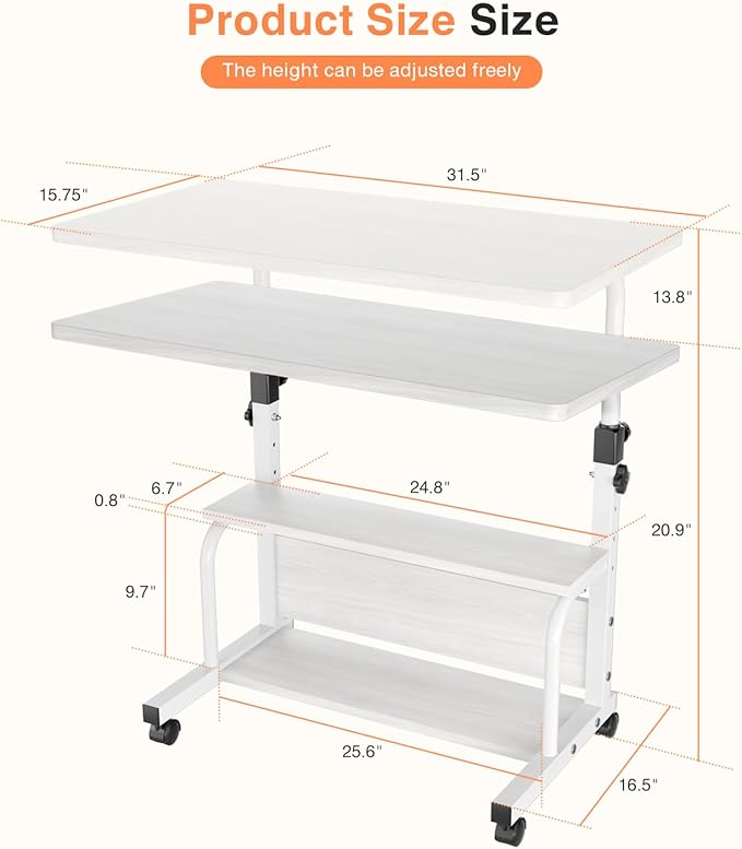 Portable Desk with Wheels Small Standing Desk on Wheels Adjustable Height Rolling Desks for Small Spaces, 32" Computer Desks with Storage Shelves for Home Office Study White