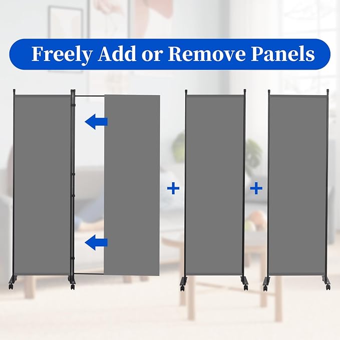 Room Divider 6FT Room Partition with Lockable Wheels, 1 Panel (Thicked Metal Base) Room Dividers, Freestanding Indoor Folding Privacy Screens, Portable Fabric Wall Divider for Room Separation, Grey