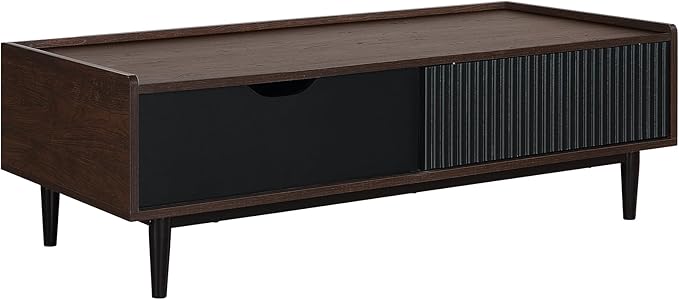 Manhattan Comfort Duane Mid Century Modern Coffee Table with Drawer & Cubby Shelf, Living Room Furniture with Ribbed Flat Design, Wood Grain Laminate Finish & Durable Iron Metal Feet, Black