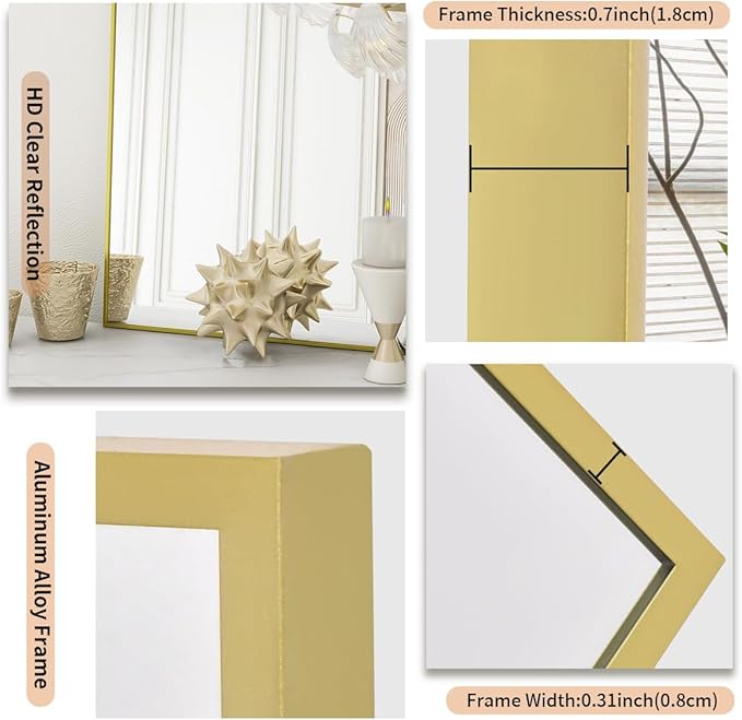 Koonmi Gold Mirrors for Wall, 26x38 Inch Bathroom Mirror, Rectangular Wall Mirror for Living Room Bedroom Bathroom, Hangs Horizontally or Vertically
