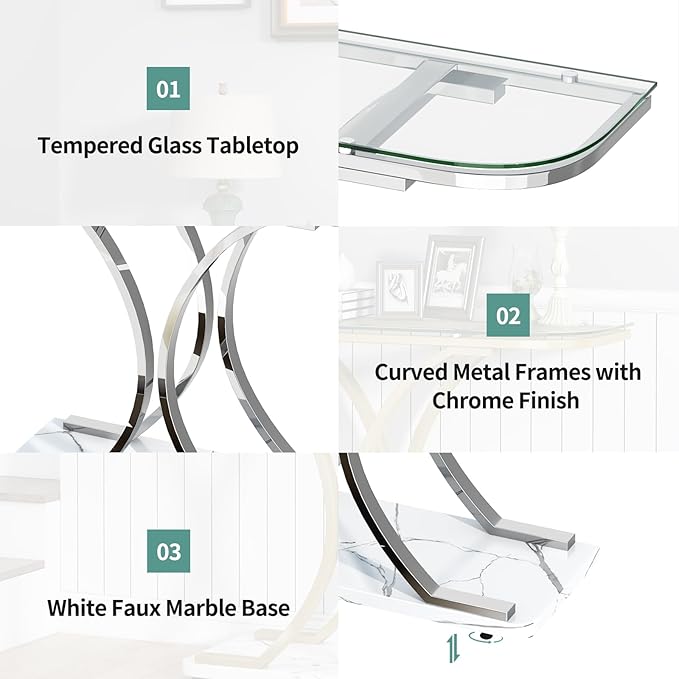 O&K FURNITURE Silver Glass Console Tables for Entryway,Glass Entryway Table with Curved Frames and Marble Base, Modern Entrance Table Sofa Table for Living Room,Hallway,Silver Glass&White Marble