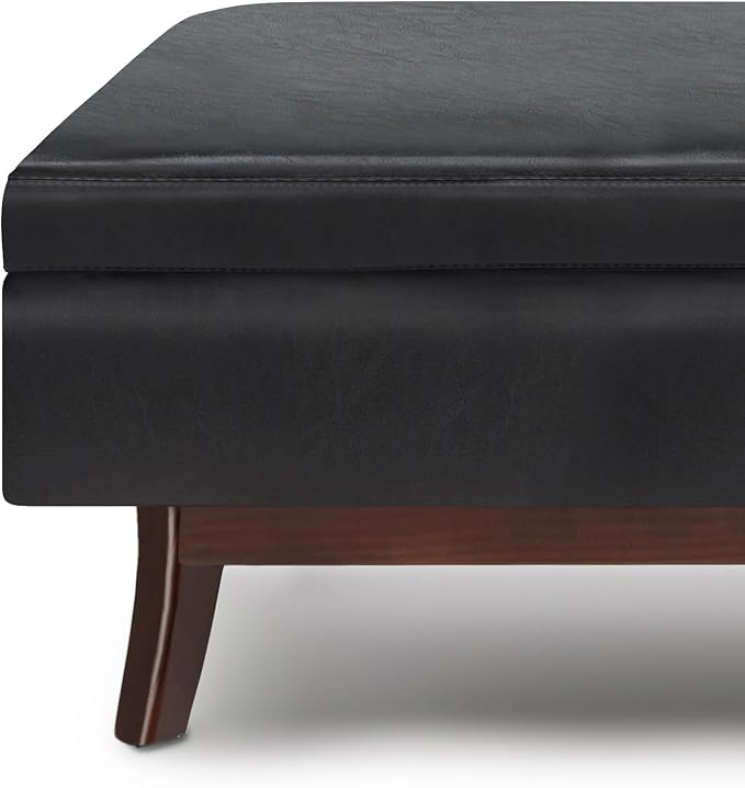 SIMPLIHOME Owen 48 inch Wide Mid Century Modern Rectangle Rectangular Storage Ottoman in Midnight Black Vegan Faux Leather, Assembled, for the Living Room, Entryway and Family Room