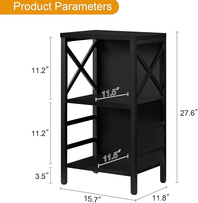Small Bookshelf,3 Tier Industrial Bookcase with Metal Frame and Backboard,Low Black Book Shelf,Book case for Small Spaces,Living Room,Bedroom and Home Office