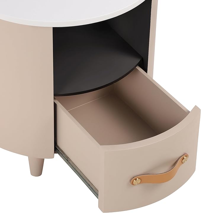 Merax Round Nightstand with Storage Drawer, MDF Contemporary Modern Bedside Table with Open Storage Shelf, Curved Design Sofa End Table for Bedroom & Living Room, Easy Assembly, Khaki