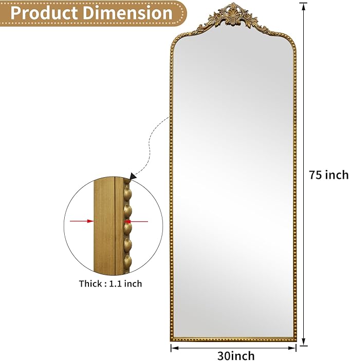 G-LEAF Vintage Baroque Full Length Floor Mirror 75"X30", Victorian Antique Mirror with Brush Gold Ornate Metal Frame for Fireplace Entryway Living Room Hallway Bathroom
