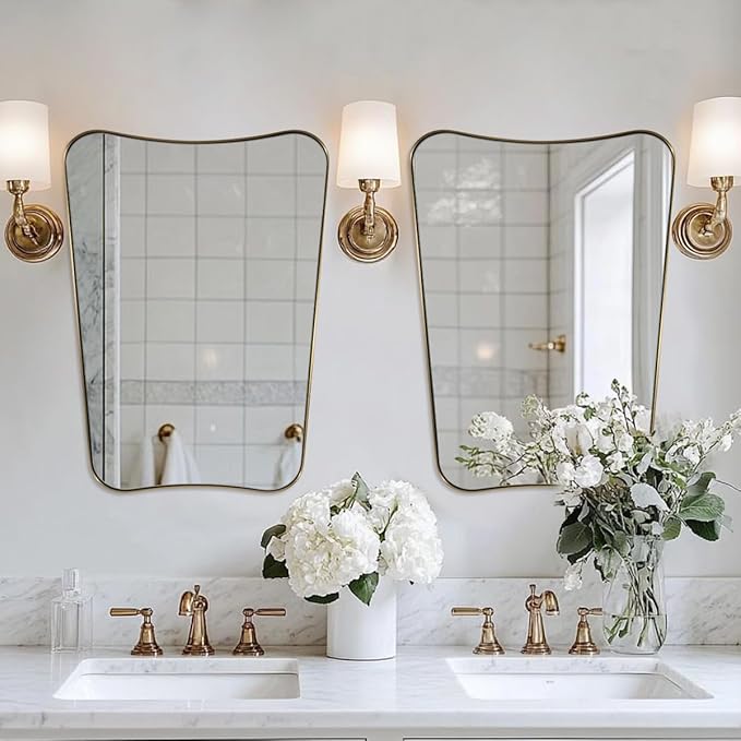 Gold Mirror for Bathroom, Asymmetrical Mirrors for Wall, Vintage Vanity Mirror, Irregular Mirror in Stainless Steel, 22 x 30 Antique Brass Wavy Mirrors Wall Mounted Vertically Only
