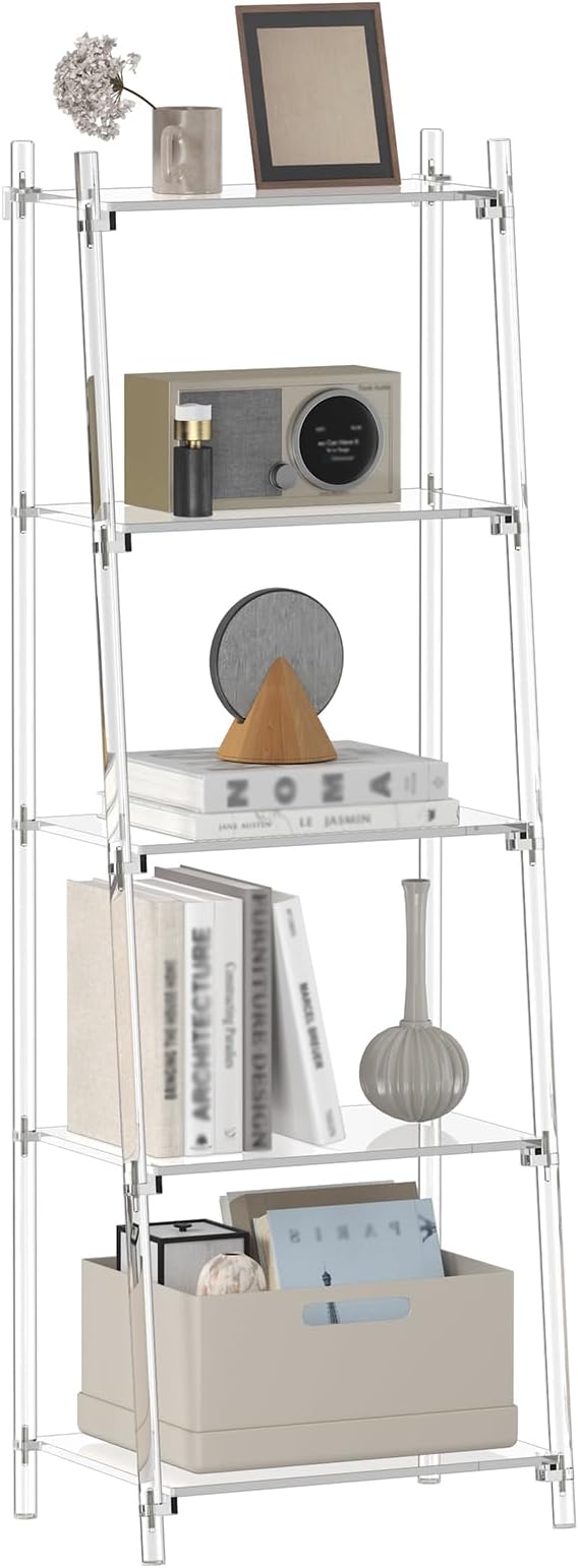 Acrylic Ladder Bookshelf, 13.8" D x 20.5" W x 59" H, 5-Tier Tall Clear Bookcase, Multifunctional Storage Book Shelf for Living Room, Bedroom, Office, Modern, Easy Assembly