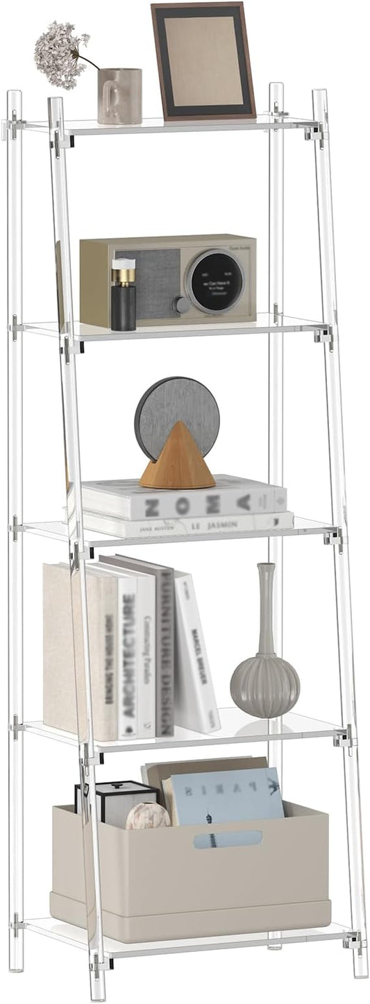 Acrylic Ladder Bookshelf, 13.8" D x 20.5" W x 59" H, 5-Tier Tall Clear Bookcase, Multifunctional Storage Book Shelf for Living Room, Bedroom, Office, Modern, Easy Assembly