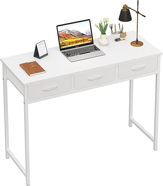 WOHOMO Small Computer Desk with Drawers, 39.3 Inch Vanity Desk with Storage, Home Office Computer Desk for Small Spaces, Modern Work Writing Study Table, White