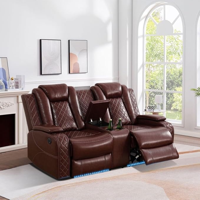 Electric Power Recliner Loveseat Set Living Room Furniture, Comfy Home Theater Breathing Leather Seating with USB 2.0 Charging Ports, LED Light Strips, Mid Console and Cupholders (Red)