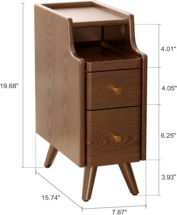 Small Nightstand with Drawers, Solid Wood Bedside Table, Narrow Walnut Nightstand for Bedroom