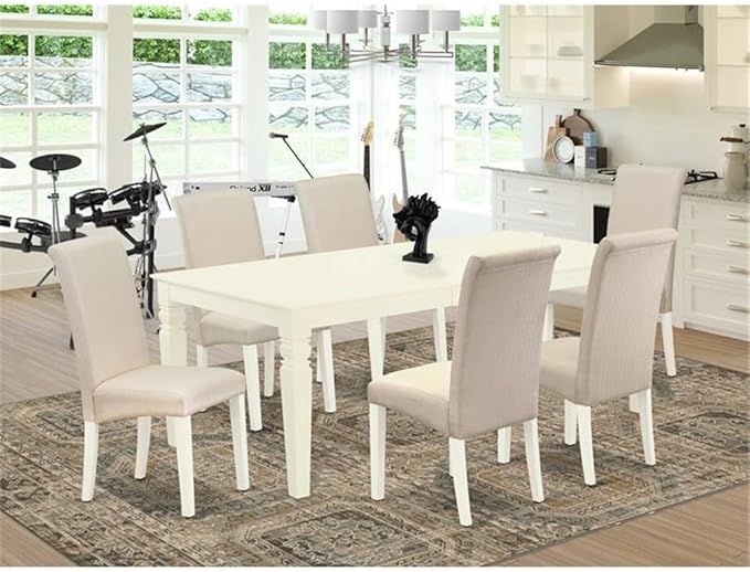 East West Furniture LGBA7-LWH-01 7 Piece Dining Table Set Consist of a Rectangle Dining Room Table with Butterfly Leaf and 6 Cream Linen Fabric Upholstered Chairs, 42x84 Inch, Linen White