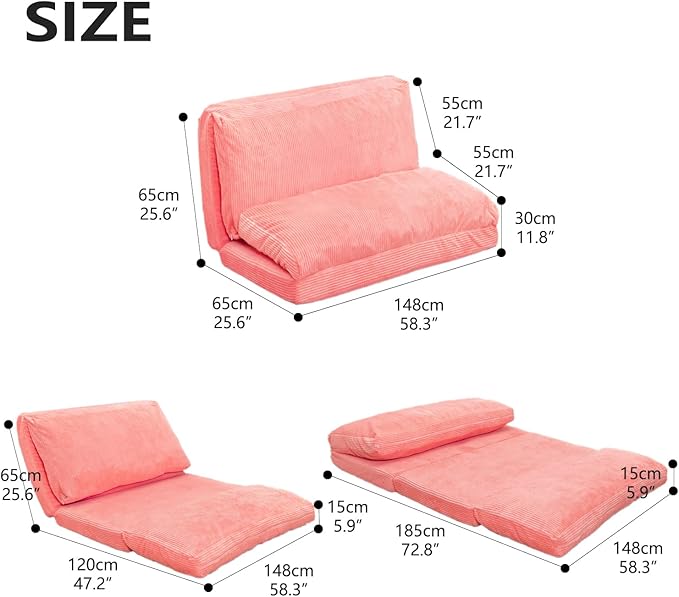 N&V L92×W58 Inch Large Folding Matress Sofa Bean Bag, Foam Filling Folding Matress Sofa, Includes Removable and Machine Washable Cover, Patent No.: US D1,018,079 S (Salmon Pink, Large Corduoy), 94024