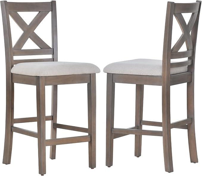 COLAMY Wooden Bar Stools Set of 2, Counter Height Bar Stools, Mid Century Modern Bar Stools with Backs, 25 Inch Upholstered Fabric Wooden Barstools for Kitchen Island Dining Room Bar, Light Brown Wash