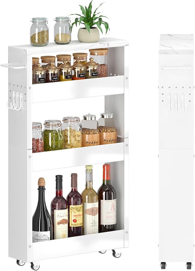 Slim Storage Cart, 5 in Width, 4-Tier White Rolling Cart with Handle & Wooden Top for Kitchen Bathroom Laundry Narrow Places