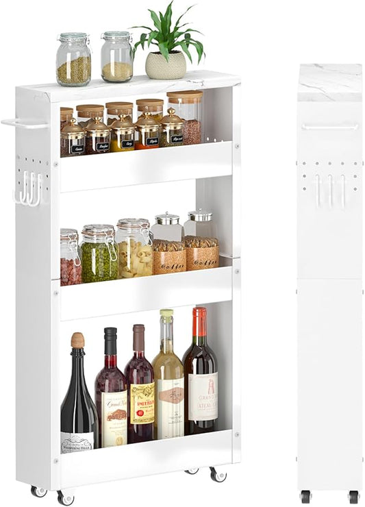Slim Storage Cart, 5 in Width, 4-Tier White Rolling Cart with Handle & Wooden Top for Kitchen Bathroom Laundry Narrow Places