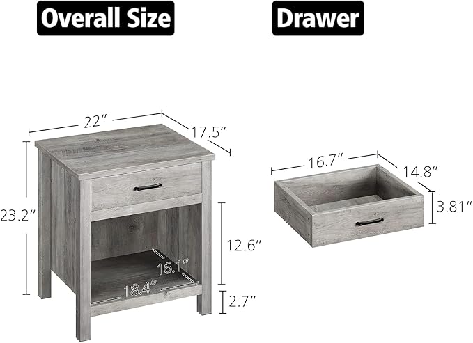 IDEALHOUSE Farmhouse Nightstand Set of 2 with Drawer, Grey Night Stand End Tables Living Room with Storage Shelf, Wooden Bedside Tables for Bedroom Nursery Office (2 Pack)