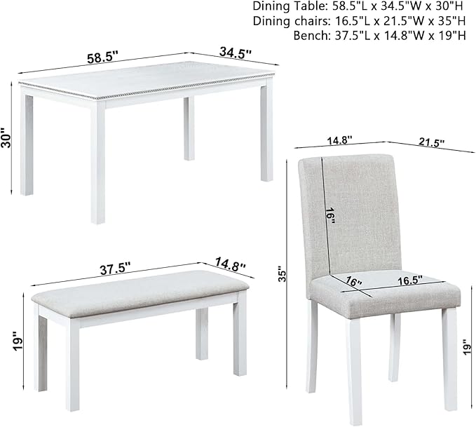 Dining Table Set for 5, 6 Piece Dining Room Table Set with Rectangular Crystal Decoration Table, 4 Upholstered Backrest Chairs and Bench, Counter Height Kitchen Sets with MDF Tabletop, White