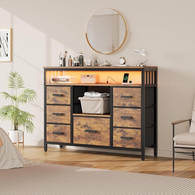 7 Drawer Dresser TV Stand with Power Outlets and LED Lights, Entertainment Center with Open Shelf, Media Console for 50“ TV, Dresser for Bedroom (Brown)