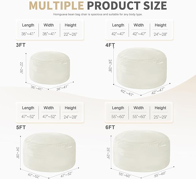 Homguava 5 FT Bean Bag Chair: 5' Bean Bags with Memory Foam Filled, Large Beanbag Chairs Soft Sofa with Dutch Velvet Cover-Beige