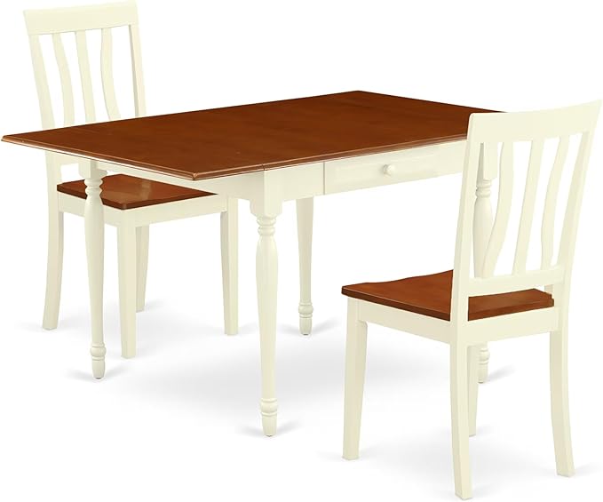 East West Furniture MZAN3-WHI-W 3 Piece Kitchen Table & Chairs Set Contains a Rectangle Dining Table with Dropleaf and 2 Dining Room Chairs, 36x54 Inch, Buttermilk & Cherry