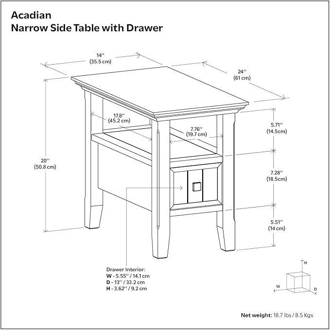 SIMPLIHOME Acadian 19-inch Wide Solid Wood End Table with Drawer and Open Shelf in Brunette Brown for Living Room, Bedroom, or Entryway