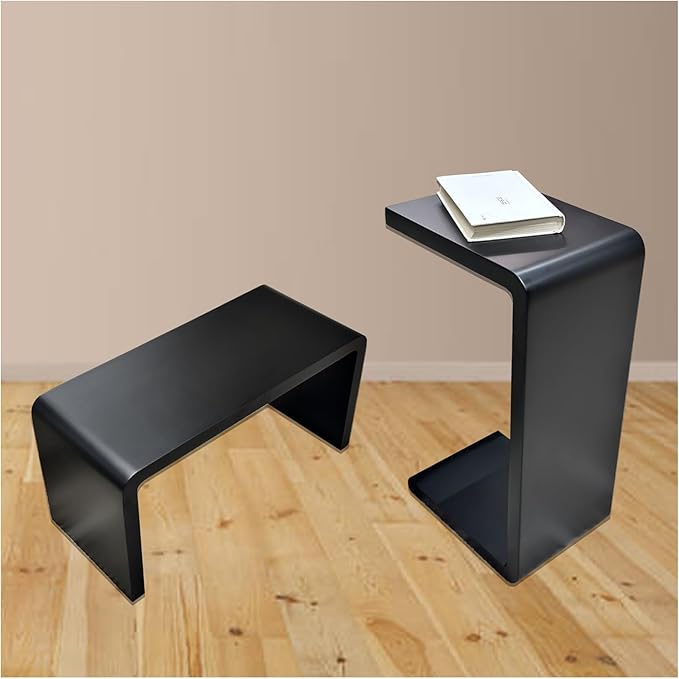 C Shaped End Table, Solid Wood C Side Table for Couch Sofa and Bed, Sofa Tables That Slide Under for Space Saving, Small Snack C Tables for Living Room Bedroom (H 24.4″ - Black, 2)