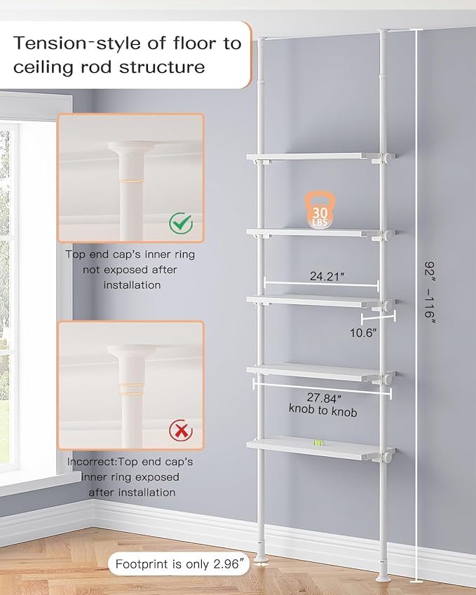 ALLZONE 5 Tiers Narrow Bookshelf, Tall Adjustable Ladder Book Shelf with Open Storage, Floor to Ceiling Tension Mount, Wooden Industrial Bookcase for Living Room, 92 to 116 Inch, White