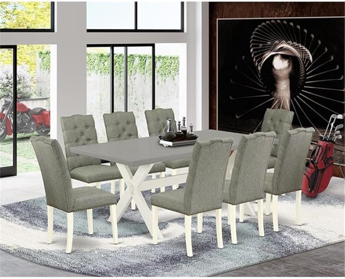 East West Furniture X097EL207-9 9 Piece Dining Set Includes a Rectangle Dining Room Table with X-Legs and 8 Gray Linen Fabric Upholstered Parson Chairs, 40x72 Inch, Multi-Color