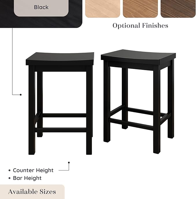 Grain & Grove Smith Collection Set of 2 Solid Wood Counter Height Bar Stools, 24-Inch Saddle Seat Backless Stools, Ideal for Kitchen Island, Dining, or Home Bar Seating, Black