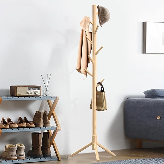 Wooden Coat Rack Stand, Freestanding Coat Rack with 8 Hooks, 3 Adjustable Size Coat Tree for Hats, Coats, Scarves bags, Coat Hanger Stand Used in Bedroom/Office/Entryway (Natural)